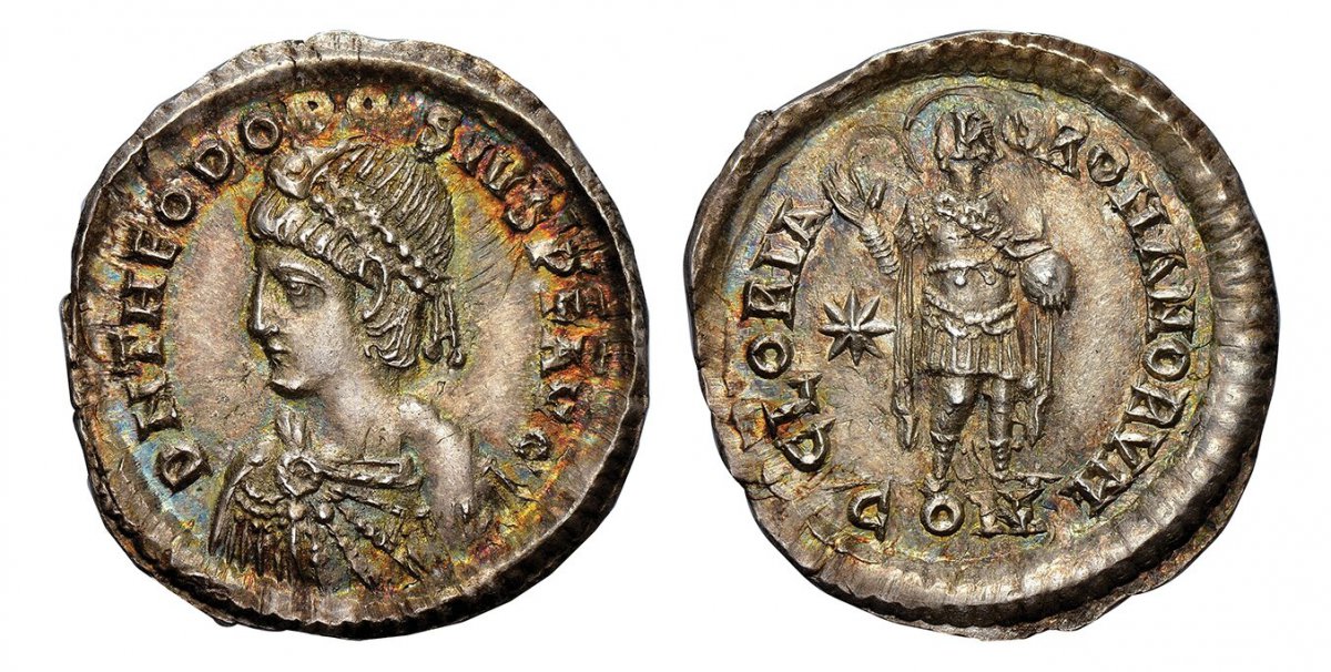 World Coins ("ROMAN IMPERIAL.  Theodosius II. (Eastern Roman Emperor, 402-450 AD). Struck 408-420 AD. AR Miliarensis. NGC MS (Mint State) Strike 4/5 Surface 5/5 Die Shift.  Constantinople. D N THEODO-SIVS P F AVG. Bust of Theodosius II, pearl-diademed, draped, cuirass)