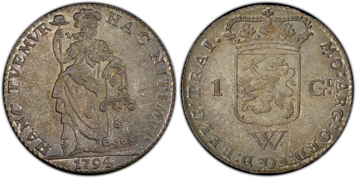 World Coins ("NETHERLANDS WEST INDIES. 1794 AR Gulden. PCGS MS65.  Utrecht. MO ARG ORD FOED BELG TRAI. Crowned shield between value, W below / HAC NITIMVR - HANC TVEMVR. Standing figure leaning on column, cap on pole, date below. KM 3; Scholten 1354.

Please use this )