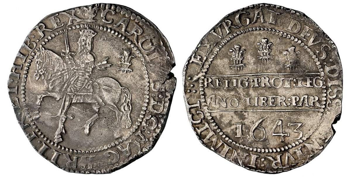 World Coins ("GREAT BRITAIN. England. Charles I. 1643-BR. (Plume with groundline on obverse.) AR Halfcrown. NGC AU55.  Oxford. 14.88gm. King on horseback (Oxford), plume behind, in inner circle / Declaration, three Bristol plumes above, date below. KM 214.16; SCBC-295)