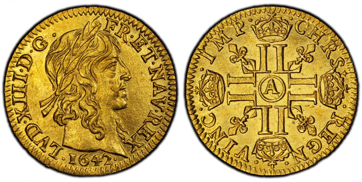 World Coins ("FRANCE. Louis XIII. 1642-A AV 1/2 Louis dOr. PCGS MS61. Paris. Loius XIII. / · CHRS · REGN · · VINC · · IMP ·. KM 101; Gad.-57 CHRS+ .
Please use this link to verify the PCGS certification number <a href=""http://www.pcgs.com/cert/57558708/""575587)