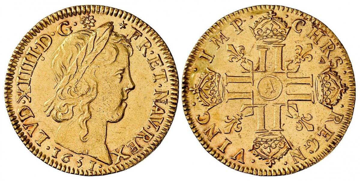 World Coins ("FRANCE. Louis XIV. 1651-A AV Louis dOr. NGC MS60. Paris. Laureate bust, right / Crowned double LL in cruciform. KM 157.1; Fr.-418; Gad.-245.
Variety with long hair.
Please use this link to verify the NGC certification number <a href=""https://www.ngc)