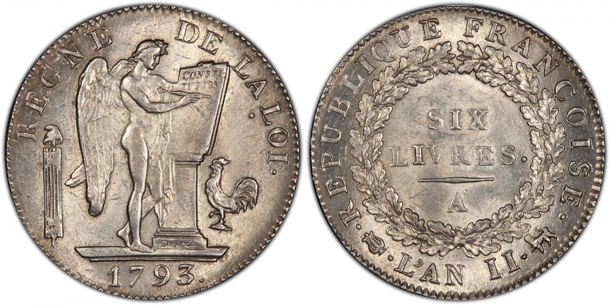 World Coins ("FRANCE. 1793//LAn II-A AR Ecu, 6 Livres. PCGS MS63. Paris. REGNE DE LALOI. Standing Genius writing the Constitution / REPUBLIQUE FRANCOISE LAN II. Denomination within wreath. KM 624.1; Dav.-1336; Gad.-58.
Please use this link to verify the PCGS certif)