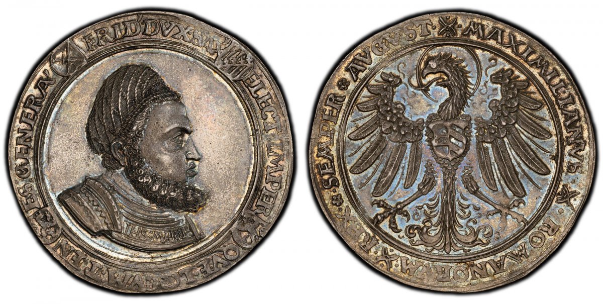 World Coins ("GERMAN STATES. Saxony-Albertine. Friedrich the Wise. (1512) ND AR Guldengroschen (Taler). PCGS MS63.  Hall or Dresden mint. Bust, right / Eagle with haloed head, left; legends around with the name and title of Maximilian I. Dav.-9699; Schnee 37.

This Re)