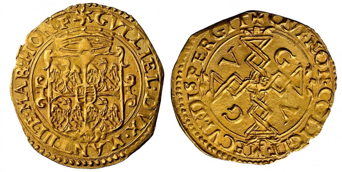 World Coins ("ITALIAN STATES. Casale. Guglielmo Gonzaga. (Duke of Mantua, 1566-1587). (1566-87) AV Scudo dOro. NGC MS63.  21-23mm. 3.31gm. GVLLIEL. DVX. MANT. III. ET. MAR. MON. F. Crowned shield of manifold arms in ornate frame / QVI. NON. COLIGIT. MECVM. DISPERGIT.)
