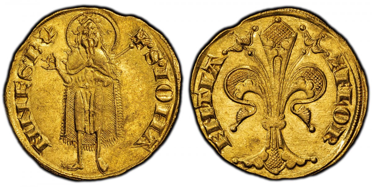 World Coins ("ITALIAN STATES. Florence. Republic. (1189-1532). (1252-1422) ND-(Antlers) AV Fiorino dOro (Florin). PCGS MS62.  3.53gm. Standing nimbate St. John the Baptist with scepter  / Lily. Fr.-275; MIR 20/9.

Please use this link to verify the PCGS certification)