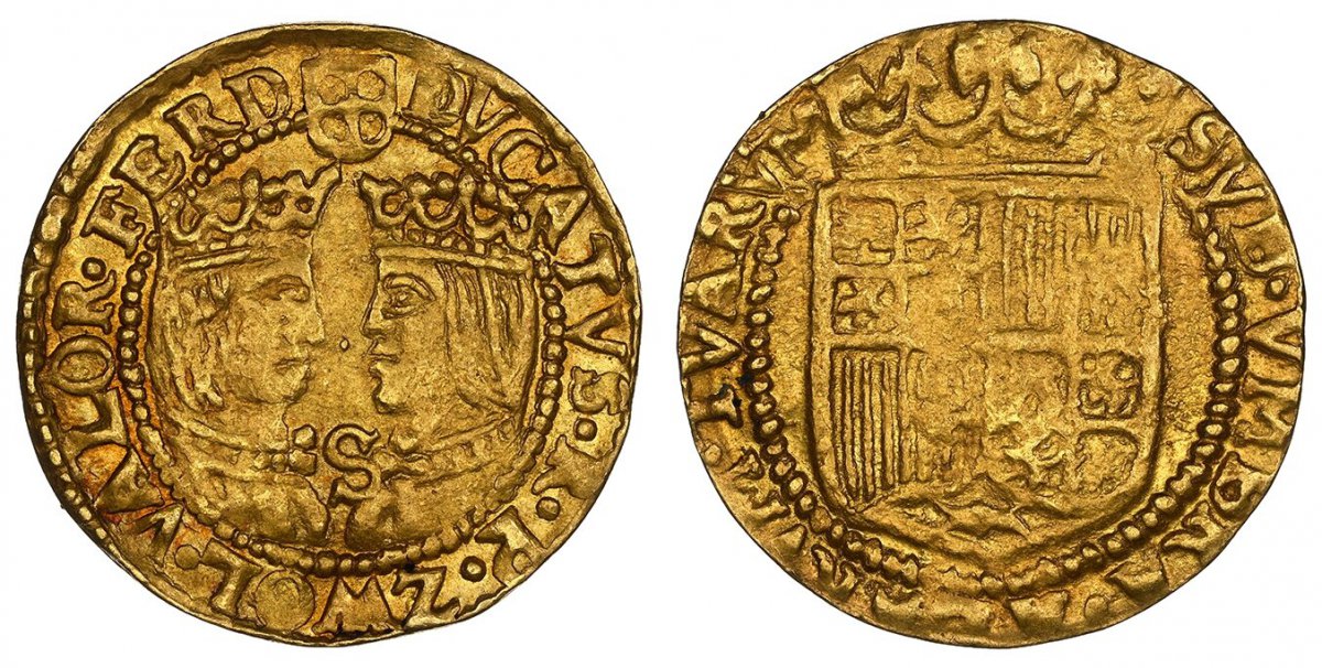 World Coins ("SPANISH NETHERLANDS. Zwolle. Albert and Isabella. (1590-1597) ND-S AV Imitative Ducat. NGC AU58.  Sevilla. 3.41gm. S of Sevilla between busts of Ferdinand and Isabella / Crowned shield of arms within beaded circle; legend around. Fr.-210; Delmonte 11)