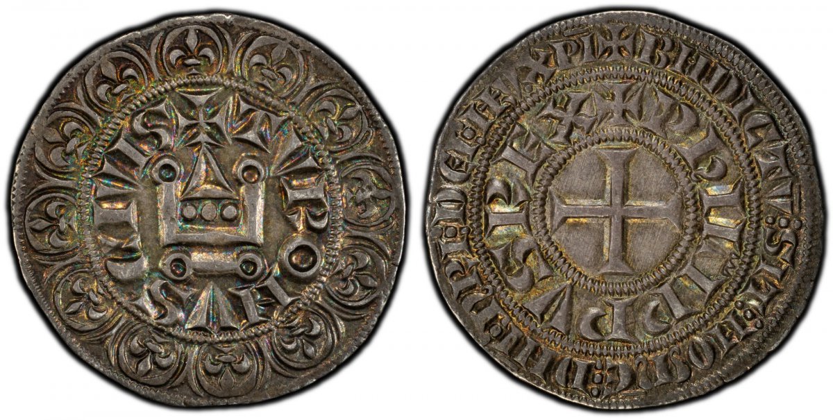 World Coins ("FRANCE. Philip IV. (1285-1314) ND AR Gros Tournois. PCGS MS64.  +TVRONVS CIVIS. Stylized chatel tournois within beaded inner circle, surrounded by circle of 12 fleur-de-lis, all within outer beaded circle / +PhILIPPVS REX. Short cross pattee within beade)