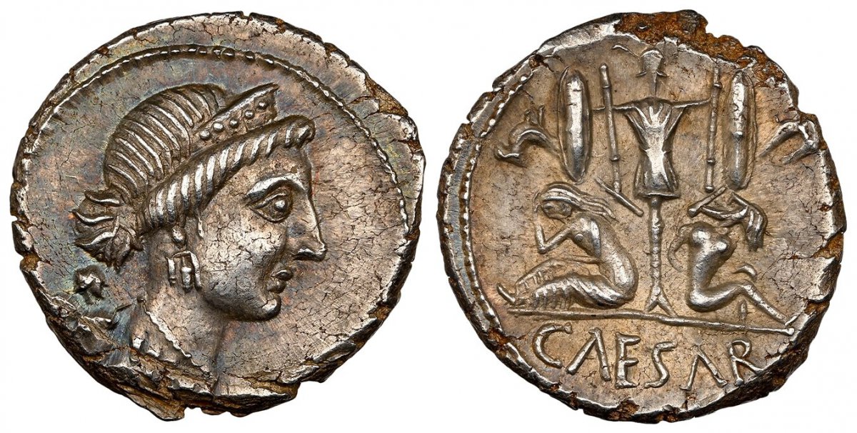 World Coins ("ROMAN IMPERATORIAL.  Julius Caesar. (Dictator, d. 44 BC). Struck circa 46-45 BC. AR Denarius. NGC Ch. AU (Choice About Uncirculated) Strike 4/5 Surface 5/5.  Military mint traveling with Caesar in Spain. 17mm. 3.87gm. Bust of Venus right, wearing stephan)