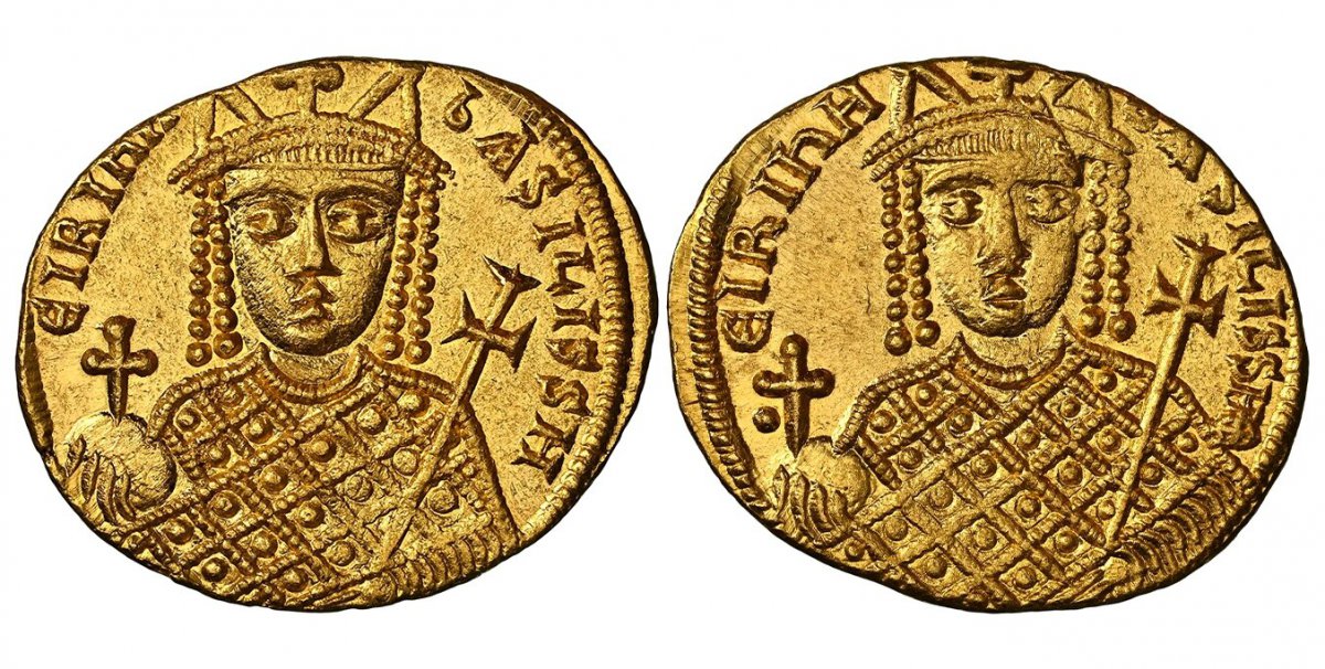 World Coins ("BYZANTINE. Irene. (Empress Regnant, 797-802 AD). Struck 797-802 AD. AV Solidus. NGC MS (Mint State) Strike 4/5 Surface 5/5. Constantinople. 20mm. 4.38gm. ?IRIhH-bASILISSH. Bust of Irene facing, wearing loros and crown with pendilia, two pinnacles, and )