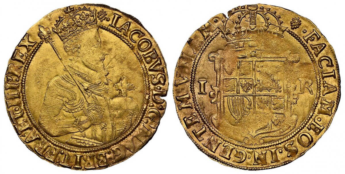 World Coins ("GREAT BRITAIN. England. James I. (King, 1603-1625). (1607) ND-(Grapes) AV Unite. NGC MS62.  Tower Mint, London. 10.08gm. King crowned, fourth bust, right holding scepter and orb all within beaded ring, legends around / Crowned shield of arms divides I an)