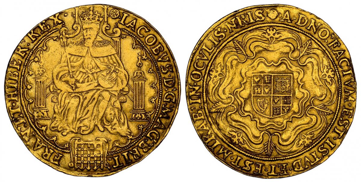 World Coins ("GREAT BRITAIN. England. James I. (King, 1603-1625). (1605-06)-(rose) AV Rose Ryal. NGC XF45.  London. 13.28gm. King crowned and enthroned, holding scepter and orb; portcullis below / Quartered shield of arms over large rose. SCBC-2613; Friedberg 230; Nor)