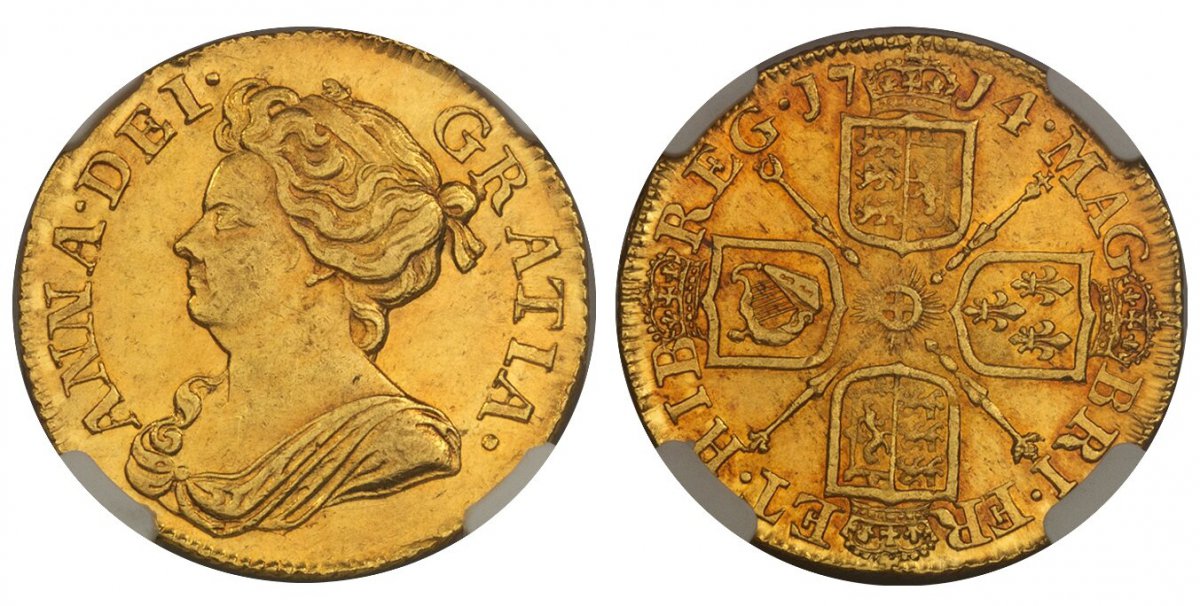 World Coins ("GREAT BRITAIN. Anne. (Queen, 1702-1714). 1714 AV Guinea. NGC AU58.  ANNA · DEI · - GRATIA ·. Third bust left / MAG - BRI · FR - ET · HIB - REG ·. Crowned shields in cruciform, sceptres at angles. KM 534; SCBC-3574; Friedberg 320.
Ex Salvatore Falcone Col)