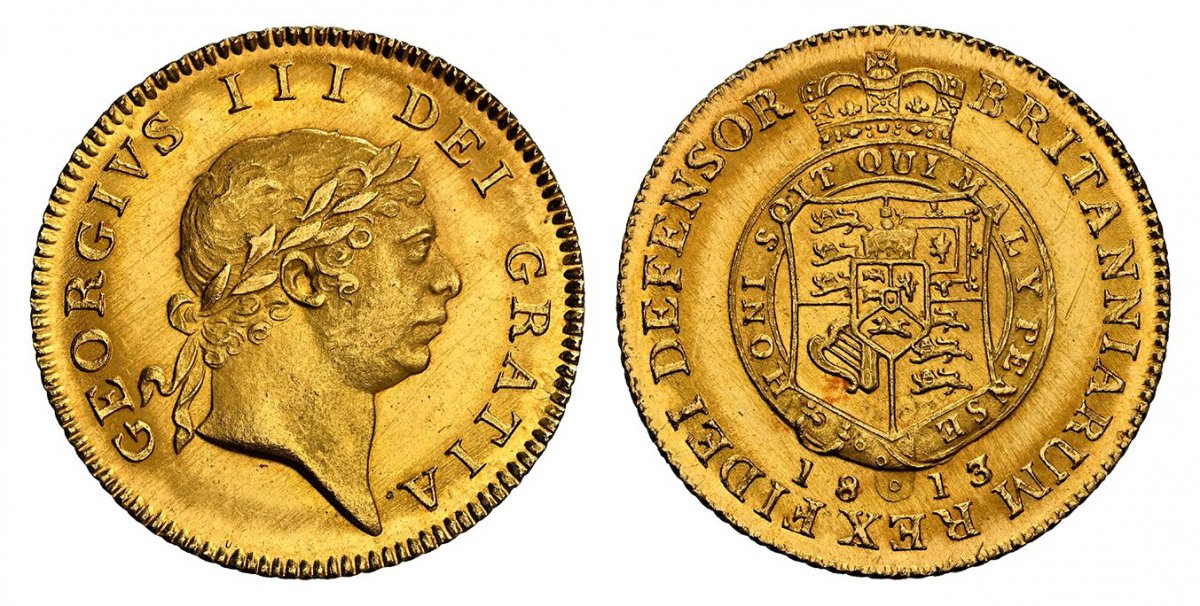 World Coins ("GREAT BRITAIN. George III. 1813 AV Half-Guinea. NGC MS65.  Edge: Reeded. GEORGIVS III DEI GRATIA. Laureate head right / Crowned arms within circular legend. KM 651; SCBC-3737; EGC-859.

Please use this link to verify the NGC certification number <a href=)