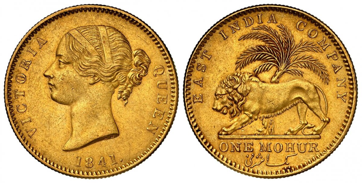 World Coins ("INDIA-BRITISH. Victoria. (Queen, 1837-1901). 1841-(c) AV Mohur. NGC AU55.  Calcutta. VICTORIA QUEEN. Head left; W.W. incuse on truncation, large legend and large date with crosslet 4 / EAST INDIA COMPANY. Palm tree, lion walking left. KM-462.3; Fr-1595A;)