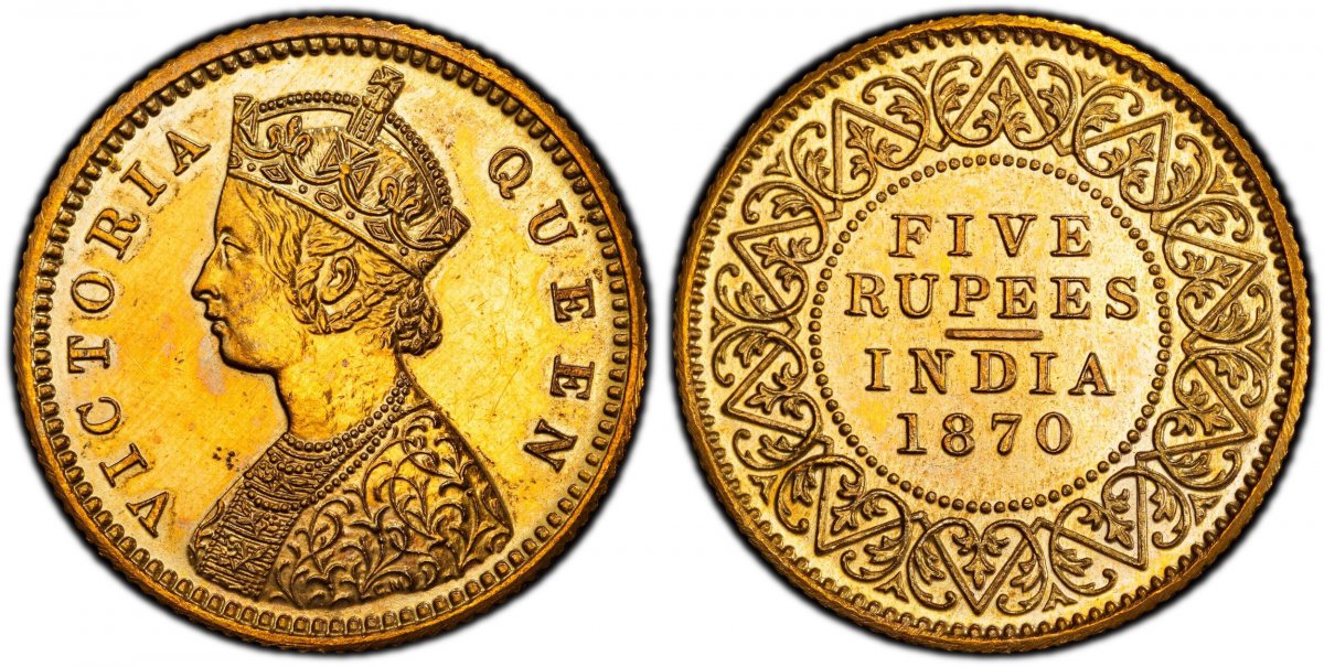World Coins ("INDIA-BRITISH. Victoria. (Queen, 1837-1901). 1870-CM AV Restrike 5 Rupees. PCGS PR63.  Calcutta mint. Edge: Reeded. VICTORIA QUEEN. Crowned Young bust, left; initials CM on truncation / Value and date within beaded circle and wreath. KM 476. Proof; Pridm)