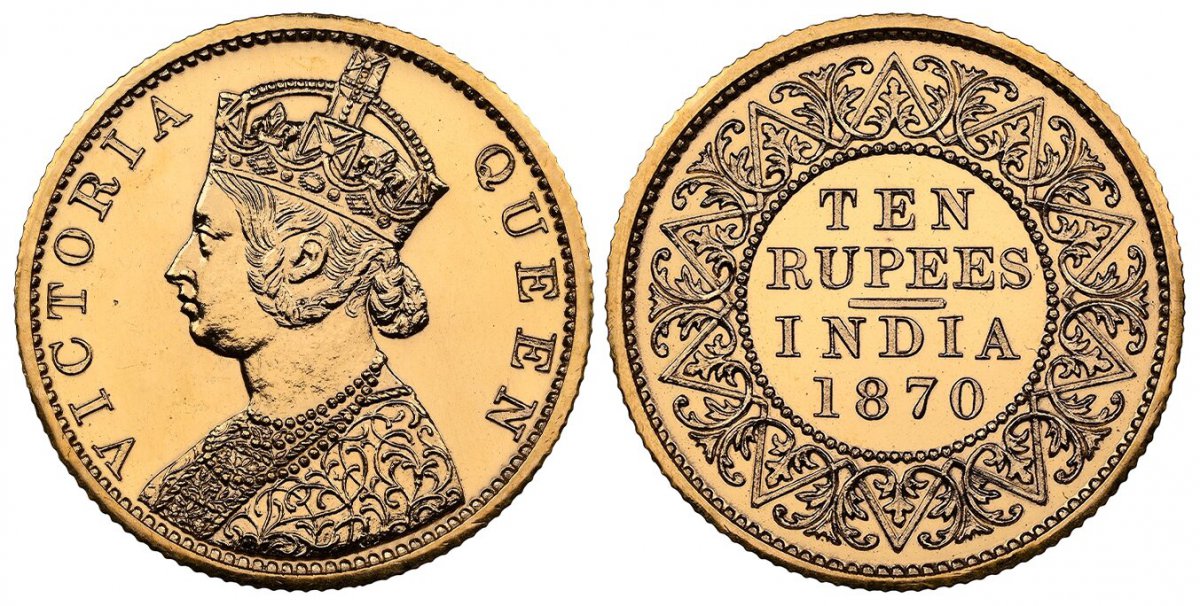 World Coins ("INDIA-BRITISH. Victoria. (Queen, 1837-1901). 1870-(c) AV Restrike 10 Rupees. NGC PR65.  Calcutta Mint. Edge: Reeded. VICTORIA QUEEN. Crowned bust left / Value and date within beaded circle and wreath. KM 479. Prooflike; Restrike; Pridmore 29; S&W-4.16.

)