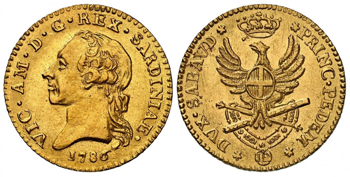 World Coins ("ITALIAN STATES. Sardinia. Vittorio Amedeo III. 1786 AV Doppia. NGC MS64.  Torino. VIC · AM · D · G · REX · SARDINIAE ·. Head to left, date below / DVX · SABAVD ·  - PRINC · PEDEM ·. Displayed eagle, with oval shield of Savoy arms on breast, perched on cr)