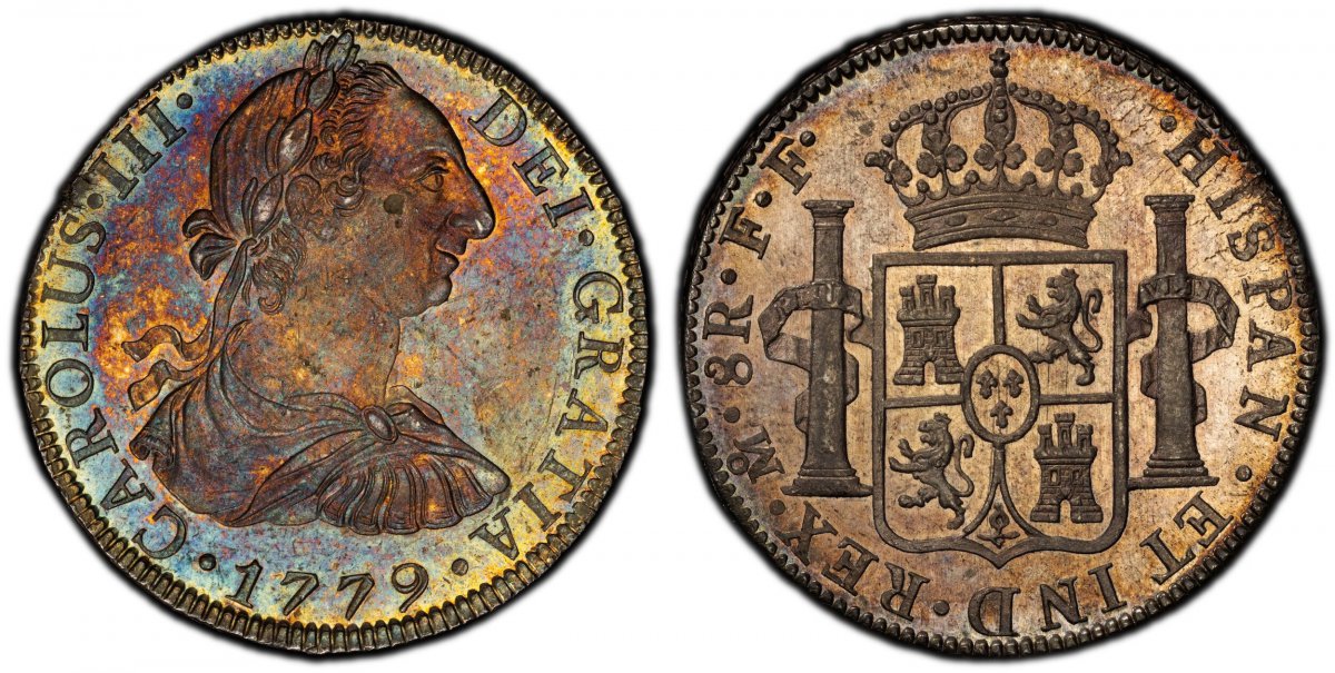 World Coins ("MEXICO. Charles III. 1779-Mo FF AR 8 Reales. PCGS MS62.  Mexico City mint. CAROLUS · III · DEI · GRATIA ·. Armored bust of Charles III, right / · HISPAN · ET IND · REX · ... Crowned shield flanked by pillars with banner, normal initials and mint mark. KM)