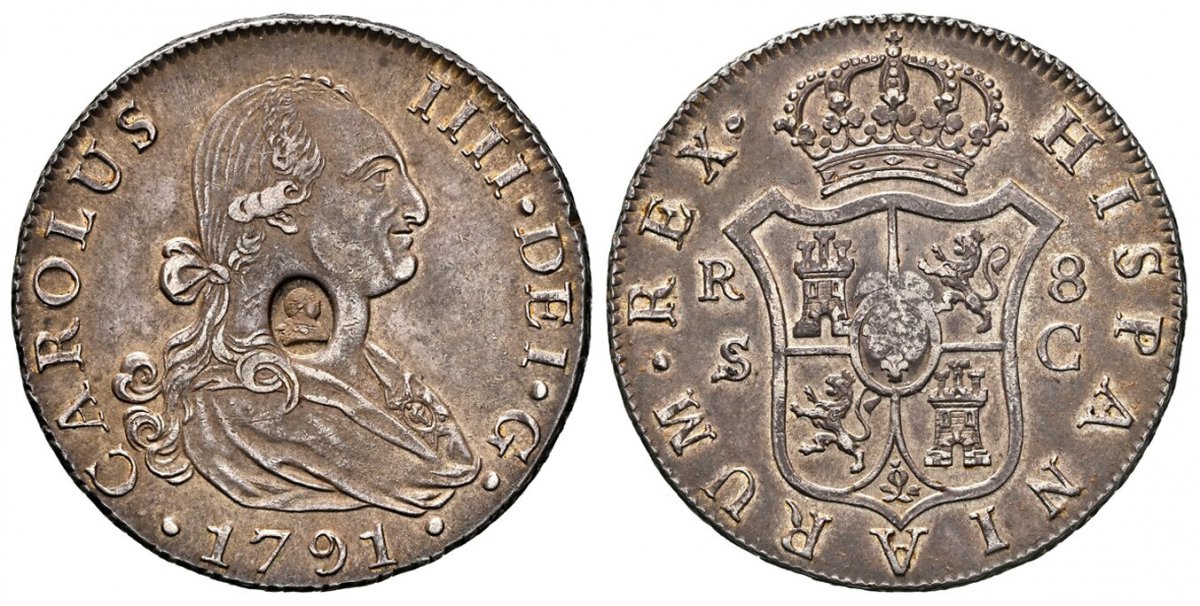 World Coins ("GREAT BRITAIN. George III. (King, 1760-1820). (1797-99) AR Dollar. NGC AU50 CM: AU Standard.  Oval countermark with head of George III. CAROLUS • IIII • DEI • GRATIA. Laureate bust right / HISPAN • ET IND • REX •. Crowned arms between pillars. KM 640 (ho)