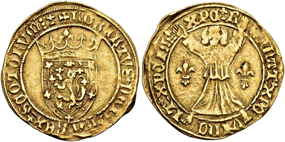 World Coins ("SCOTLAND. Robert III. (King, 1390-1406). (1390-1403) AV Lion of 5 Shillings. NGC AU55.  Edinburgh. 3.88gm. + ROB?RTVS · D?I · GRA · R?X · SCOTTORVm (saltire and pellet stops). Small crowned heraldic shield / + XPC R?GnAT XPC VInCIT XPC ImP?RAT. St. Andre)