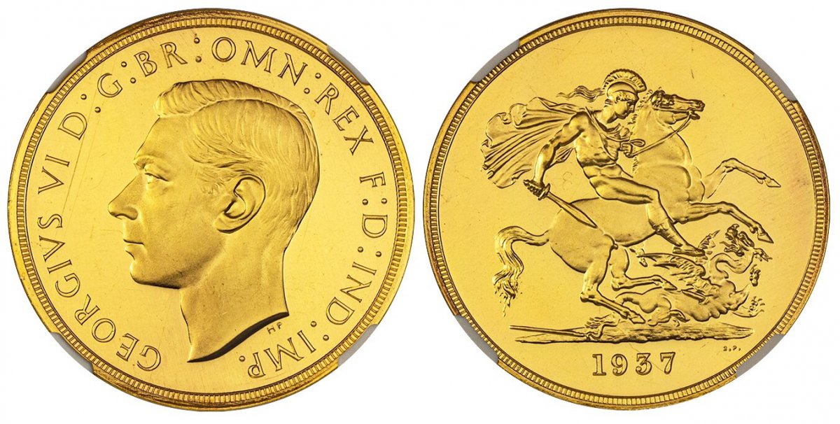 World Coins ("GREAT BRITAIN. George VI. (King, 1936-1952). 1937 AV Five Pounds. NGC PR64+UCAM (Ultra Cameo).  Head left / St. George slaying the dragon. KM 861; SCBC-4074; W&R 435.

From a mintage of just 5,001.

Please use this link to verify the NGC certification nu)