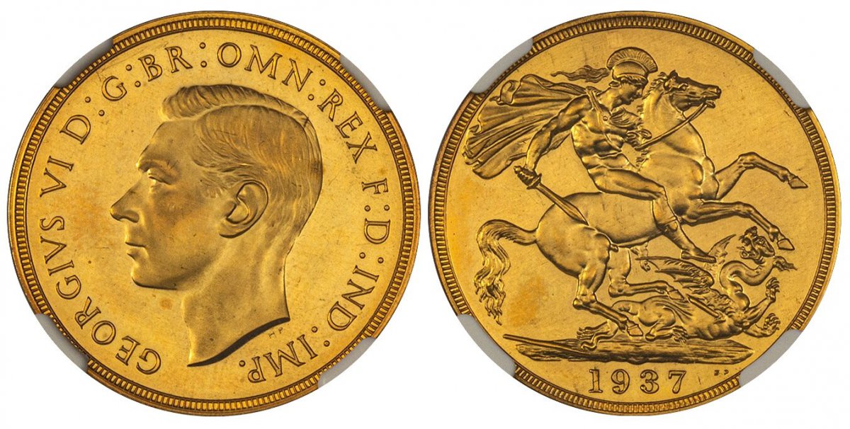 World Coins (GREAT BRITAIN. George VI. (King, 1936-1952). 1937 AV Two Pounds.  Head left / St. George slaying the dragon. KM 860; SCBC-4075; Fr.-410.
)