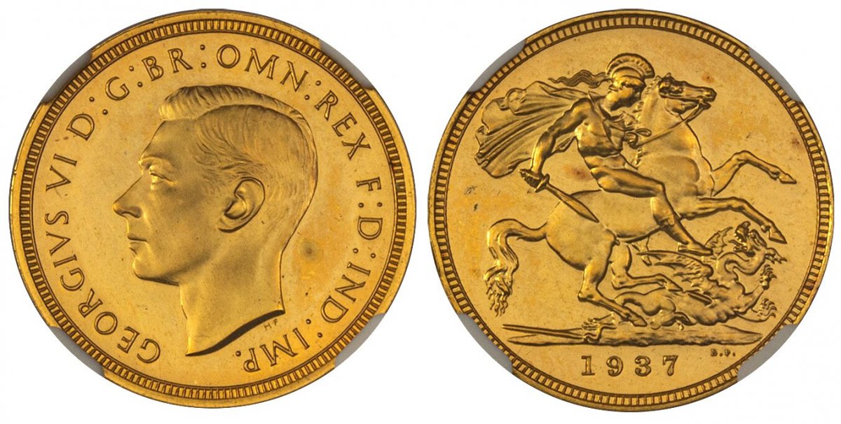 World Coins (GREAT BRITAIN. George VI. (King, 1936-1952). 1937 AV Two Pounds.  Head left / St. George slaying the dragon. KM 860; SCBC-4075; Fr.-410.
)