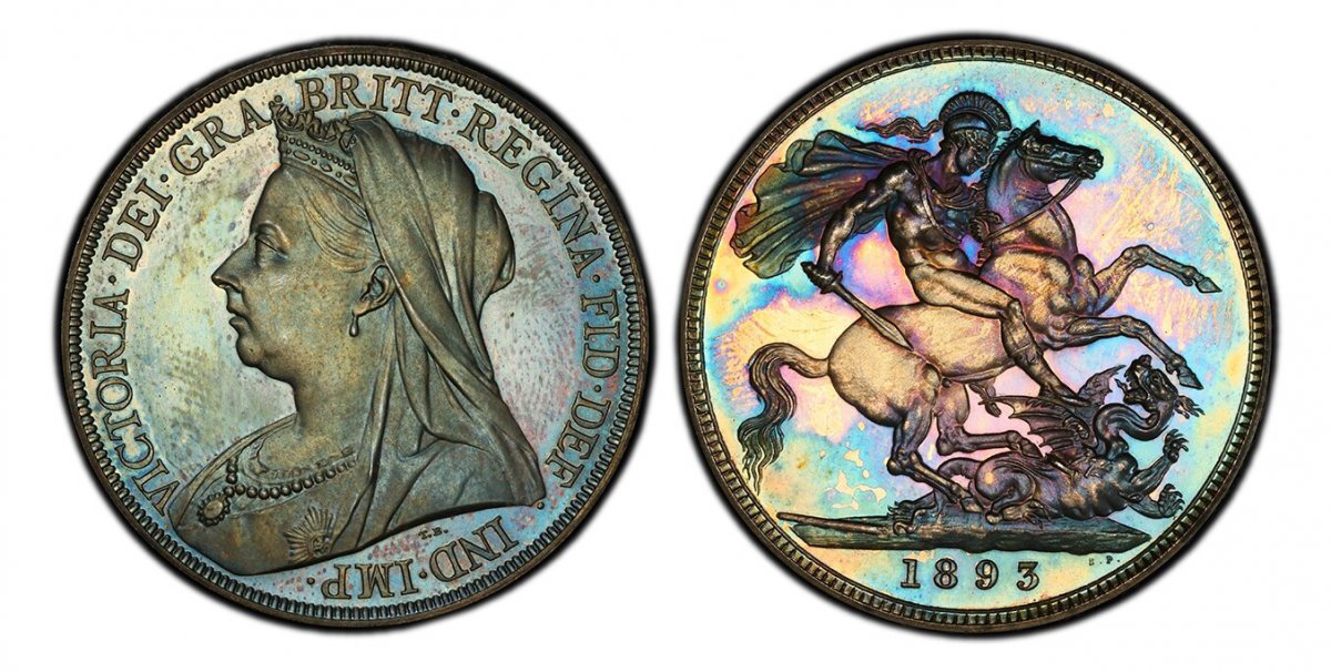 World Coins ("GREAT BRITAIN. Victoria. (Queen, 1837-1901). 1893-LVI AR Crown. PCGS PR65.  Edge: DECVS ET TVTAMEN ANNO REGNI. VICTORIA · DEI · GRA · BRITT · REGINA · FID · DEF · IND · IMP. Mature draped bust left / St. George slaying dragon right. KM 783; SCBC-3937.

P)