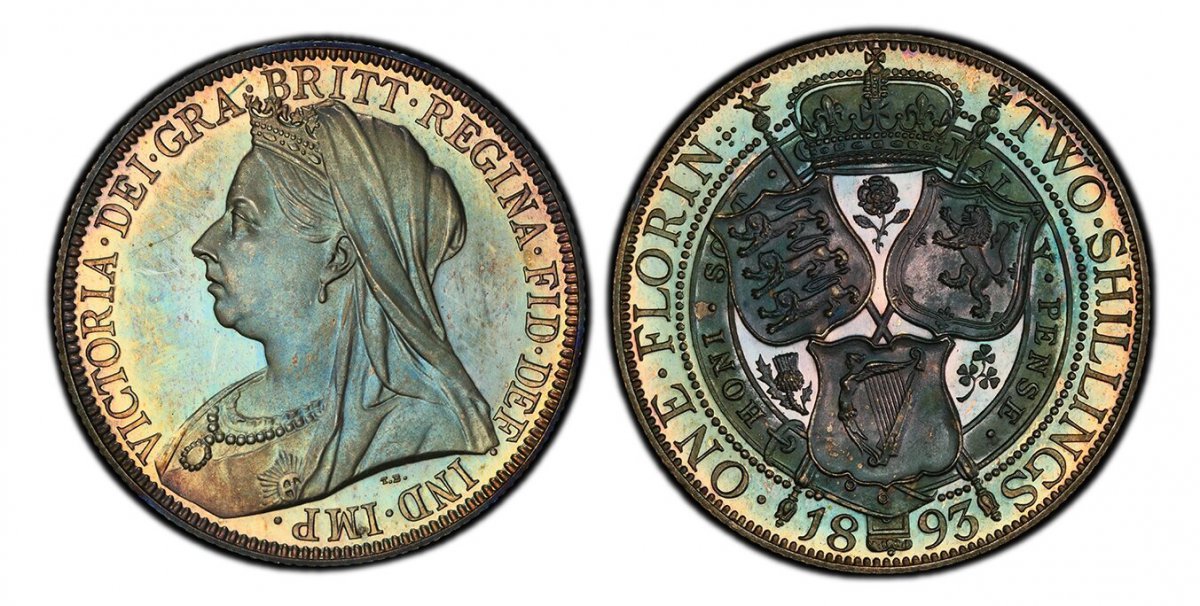World Coins ("GREAT BRITAIN. Victoria. (Queen, 1837-1901). 1893 AR Florin, Two Shillings. PCGS PR66.  Edge: Reeded. VICTORIA · DEI · GRA · BRITT · REGINA · FID · DEF · IND · IMP ·. Mature draped bust left / Crowned shields of England, Scotland and Ireland. KM 781; SCB)