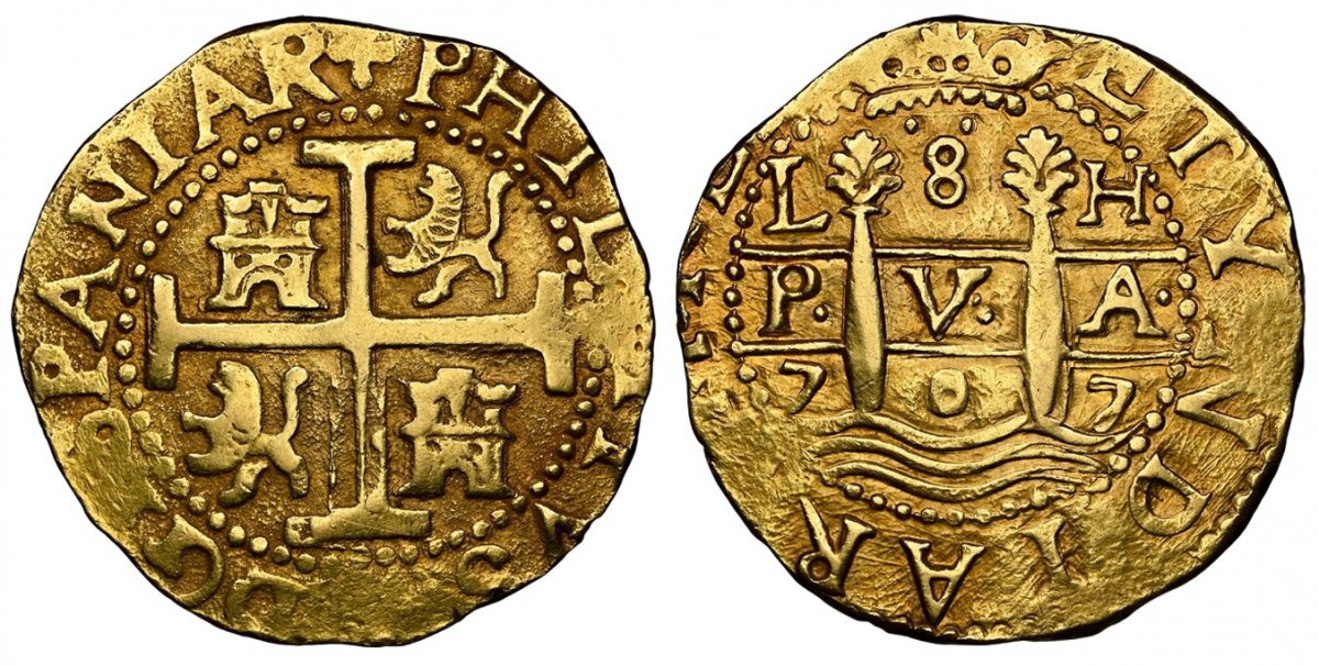 World Coins ("PERU. Philip V. (King, 1700-1746). 1707-L H AV 8 Escudos. NGC AU55.  Lima. 26.84gm. PHILIPPVS V D · G · HISPANIARVM. Cross of Jerusalem, lions and castles in quarters / Pillars, PVA, date and mint mark. KM 38.1; Fr.-7.

Colonial Cob Coinage. Rare date.

)